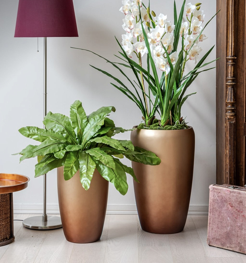 Кашпо Эффектори Металл высокий округлый конус лаковое темное золото_14